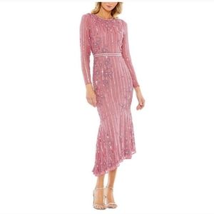 Mac Duggal Long Sleeve Embellished hand beaded Pink Dress Tea length Midi size 8